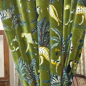 Vintage katoenfluwelen gordijn: olijfgroene bosprint, boho-stijl