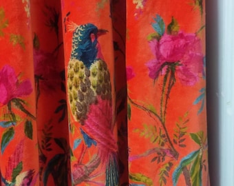 Vintage Style Cotton Velvet Coral Orange Color Bird Print luxury Curtain ,  Boho Curtain, luxury Drapes ,Can Be Customized.