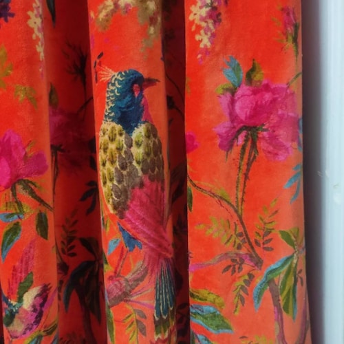 Vintage Style Velvet Curtain: Coral Orange Bird Print, Boho Drapes