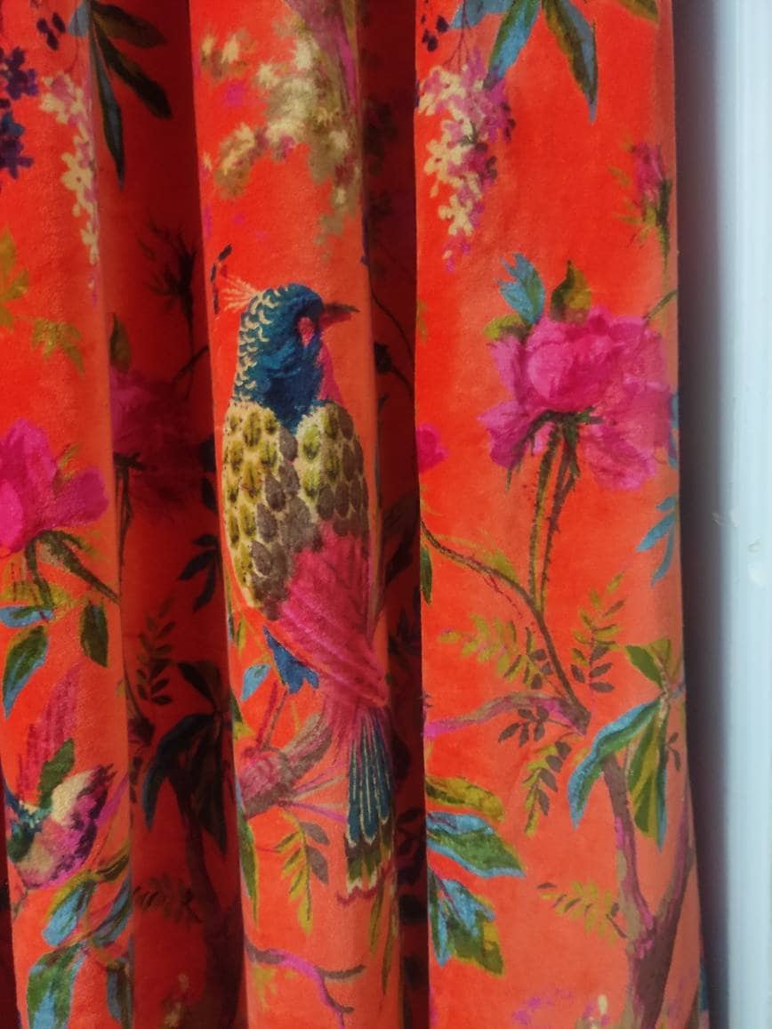 Vintage Style Cotton Velvet Coral Orange Color Bird Print luxury Curtain ,  Boho Curtain, luxury Drapes ,Can Be Customized.