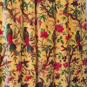 Vintage Style Cotton Velvet Yellow Bird Print luxury Curtain, Boho Curtain, luxury Drapes, Can Be Customized Any Size.
