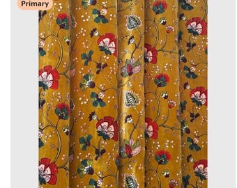 Tela de tapicería de terciopelo de algodón de lujo: estampado floral mostaza. Se vende cortada a medida.