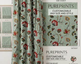 Op de afbeelding: Een saliegroen katoenen fluwelen gordijn met een rood en meerkleurig bloemen chintzpatroon. Het gordijn heeft een roede-zak. Tekst op de afbeelding bevat PUREPRINTS, CUSTOMIZABLE ANY SIZE AND STYLE en COTTON VELVET FLORAL CHINTZ PATTERN.