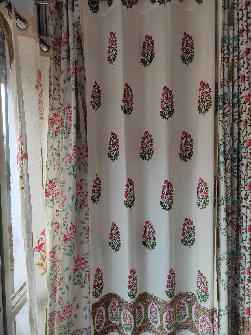 インドのハンドブロックプリントカーテン、ボホミアン風の装飾、新築