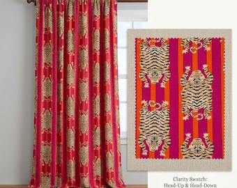 Stark rosa orange randiga sammets tigergardiner – Maximalist Eclectic Drapes – Kitsch Jungle Home Decor