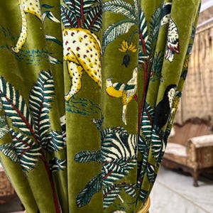 Vintage Cotton Velvet Curtain: Olive Green Forestry Print, Boho Style