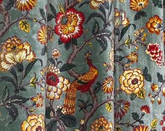 Cortina de terciopelo de algodón estilo vintage, con estampado floral verde salvia, tamaño personalizado.