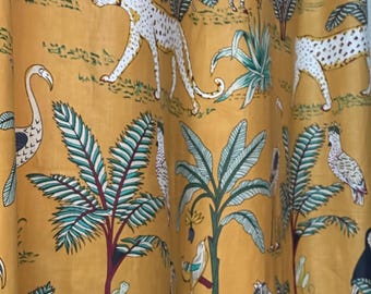 Cortinas semitransparentes de algodón Golden Jungle Safari, hechas a mano, con alzapaños.