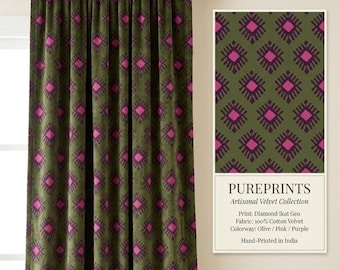 May include: An olive green velvet curtain featuring a repeating diamond ikat geometric pattern in pink and purple. A rectangular swatch card displays the same pattern with text: PUREPRINTS, Artisanal Velvet Collection, Print: Diamond Ikat Geo, Fabric: 100% Cotton Velvet, Colorway: Olive / Pink / Purple, Hand-Printed in India.