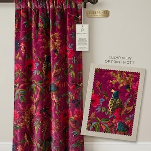 Cotton Velvet Bird Print Curtains – Moody Jewel Tone Botanical Drapes – Victorian Home Decor