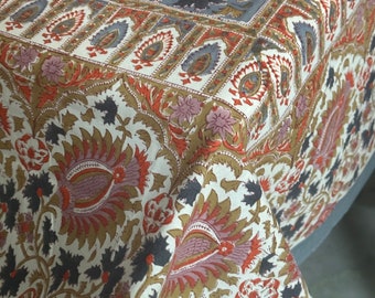 Hand Block Print Tablecloth: Floral Indian Design, 60x90 Inches