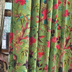 Vintage Style Cotton Velvet Olive Green Bird Print luxury Curtain, Boho Curtain, luxury Drapes, Can Be Customized Any Size.