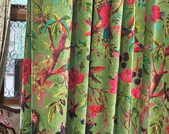 Vintage Style Cotton Velvet Olive Green Bird Print luxury Curtain, Boho Curtain, luxury Drapes, Can Be Customized Any Size.