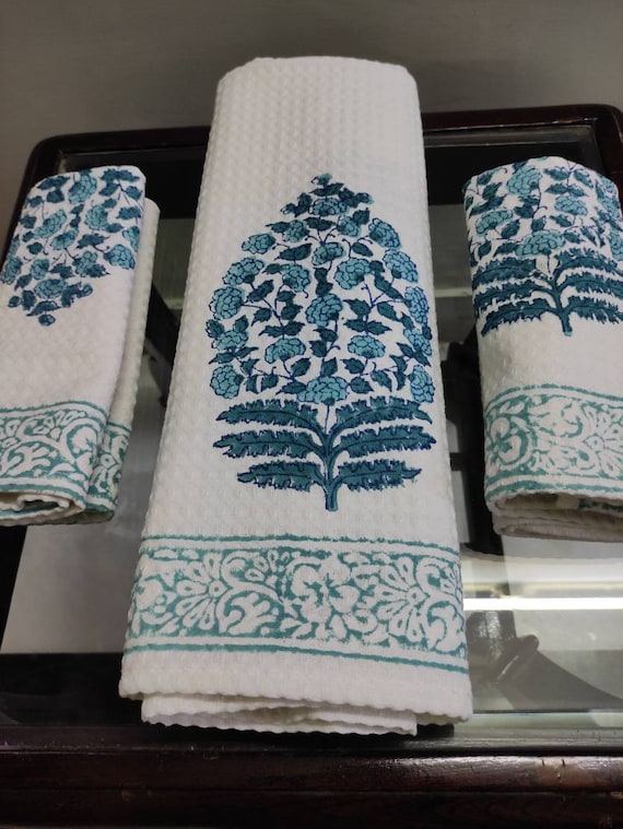 Waffle Hand Block Print Bath Towel Set of 3 Organic Cotton Towel Beach Towel Spa Towel Hand Made Print Towel. Etsy