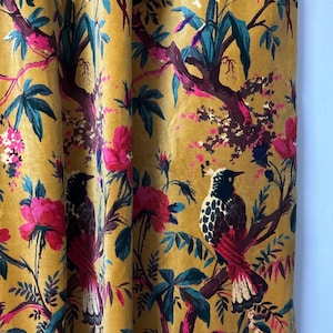 Vintage Style Velvet Curtain: Golden Mustard Bird of Paradise Print