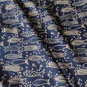 IndigoHand Block Cotton fabric Fish Print Cotton Fabric, Sewing Fabric For Dresses Bags Cushion Curtain Book Binding And All Craft.