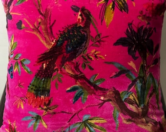 Velvet Pillow Cover with Bird Of Paradise Colorful Pattern, Hot Pink Color colorful Decor.