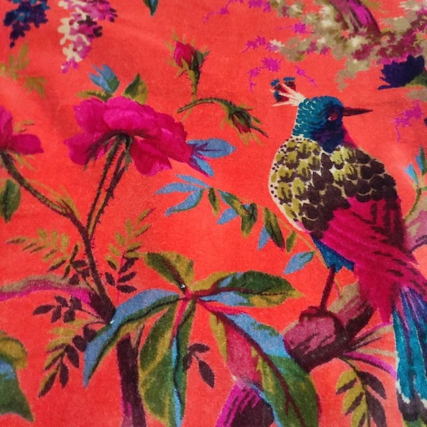 Hand Printed Cotton Velvet Fabric: Coral Bird Print, Upholstery & Decor