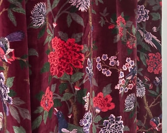 Cortina de terciopelo estilo vintage: estampado floral rojo vino, cortinas estilo boho.