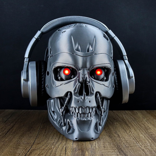 TerminatorEndoskeleton Kopfhörerhalter, Skull T-800 LED Büste,Headset Ständer