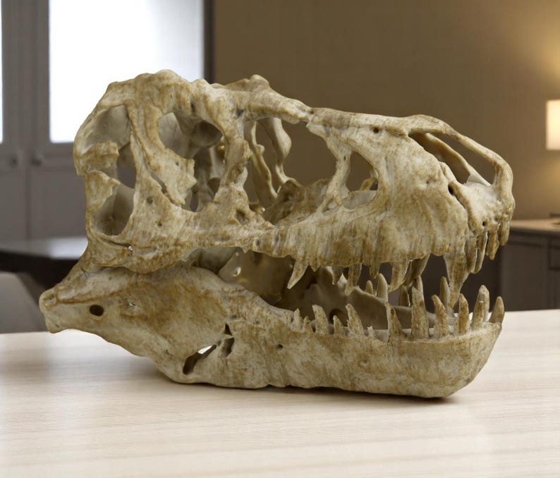 May include: A detailed replica of a Tyrannosaurus Rex skull, featuring a realistic bone structure and teeth. The skull is made of a light brown material and has a weathered appearance.