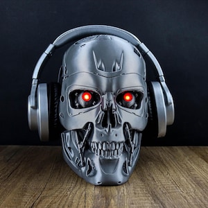 Terminator Endoskeleton Headphone Holder, Skull T-800 LED Bust, Headset Stand image 1