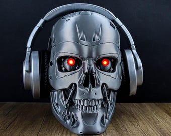 Supporto per cuffie endoscheletriche Terminator, busto LED T-800 con teschio, supporto per cuffie