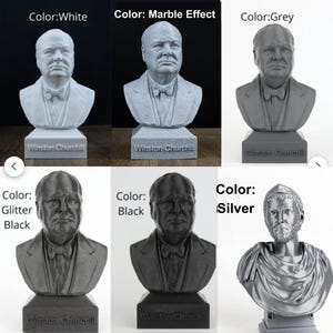 six different views of a statue of Winston Churchill, each with a different color applied to it. The first view is in color, the second is in black and white, the third is in silver, the fourth is in black, the fifth is in black and silver, and the sixth is in silver and black.