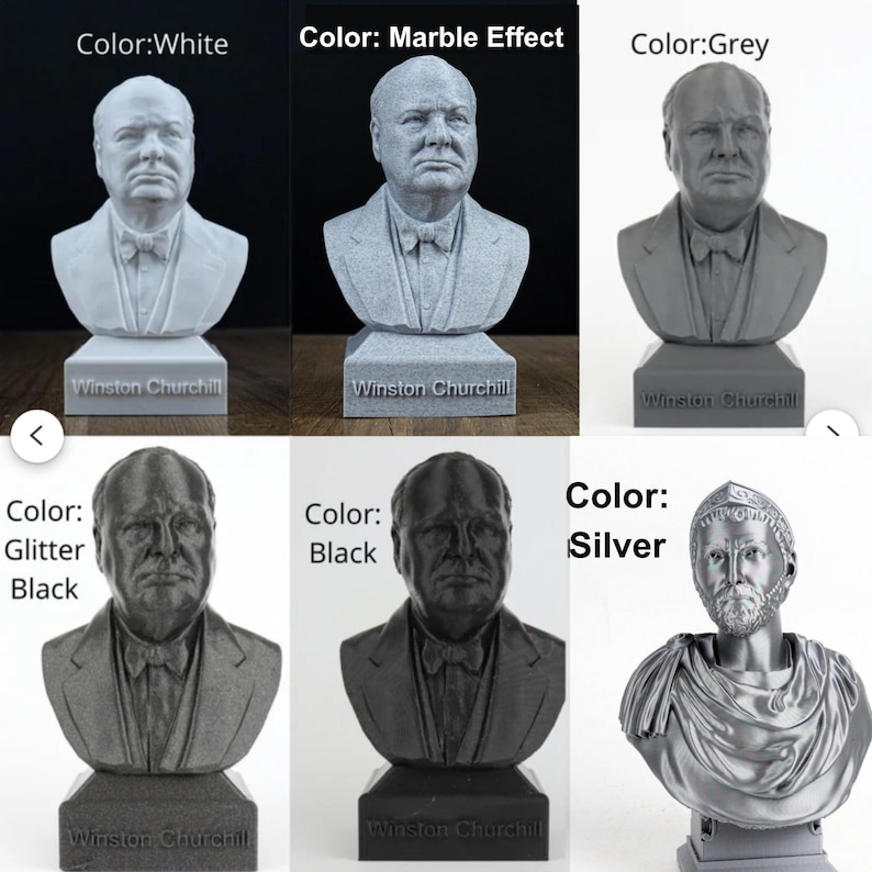 six different views of a statue of Winston Churchill, each with a different color applied to it. The first view is in color, the second is in black and white, the third is in silver, the fourth is in black, the fifth is in black and silver, and the sixth is in silver and black.