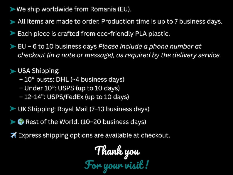 The image is a thank you message for customers who have chosen to ship worldwide from Romania (EU), USA, UK, and Rest of the World. The message expresses gratitude for their business and informs them that they can choose from various shipping options available at checkout.