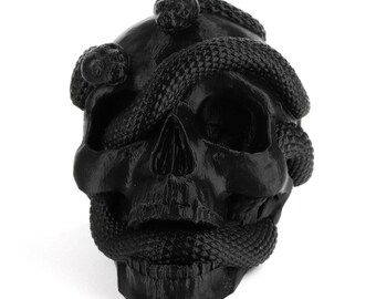 Koptelefoonhouder Skull and Snake, headsetstandaard, buste, sculptuur, decoratie