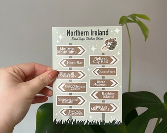 Green Northern Ireland road sign sticker sheet for scrapbooking, journaling and labelling your travels - Northern Ireland bucket list