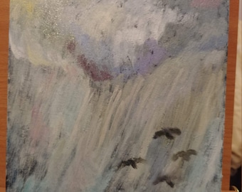 Birds are flying through the storm, oil painting