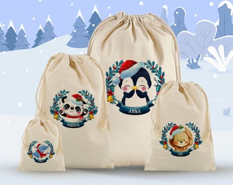 Hotte de Noël personnalisée - Sac cadeau Noël - Pochon Noël avec prénom - Husky - licorne - Pingouin - Panda