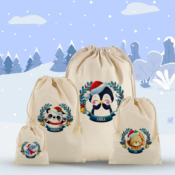 Hotte de Noël personnalisée - Sac cadeau Noël - Pochon Noël avec prénom - Husky - licorne - Pingouin - Panda