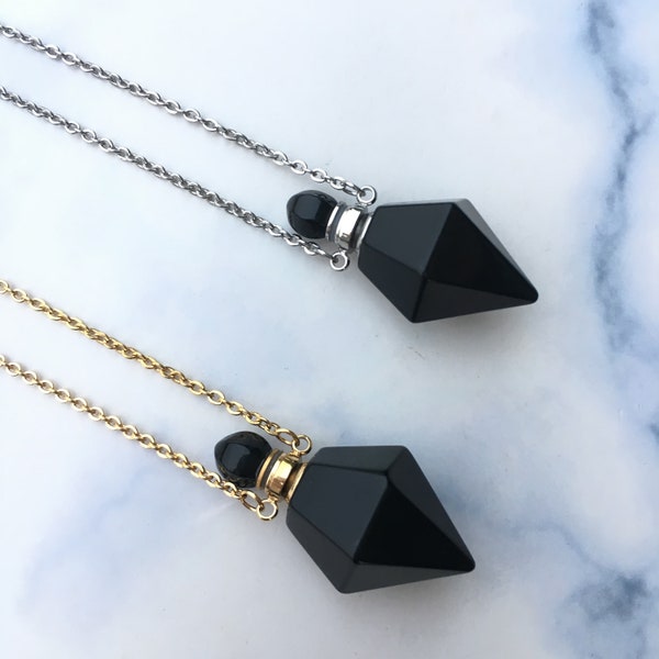 Flacons de parfum à pointes d'obsidienne naturelle, flacon de parfum jetons d'amour, collier d'huiles essentielles, collier avec pendentif points d'énergie pour la méditation et la guérison.