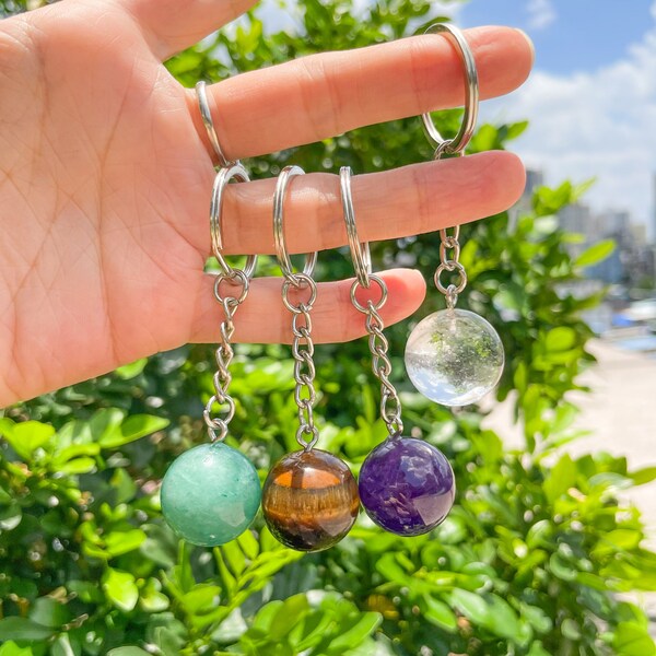 20mm Stone Ball Key Chain,Crystal Round Beads Silver Key Chain,Gemstone Key Ring,Rose Quartz,Amethyst,Lapis,Tiger Eye,Labradorite,Malachite