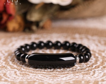 Black Obsidian Stone Strength Calming Healing Bracelet- Round Ball Rose Quartz Gems Beads Bracelets Anxiety Stress Relief Bracelet Gift