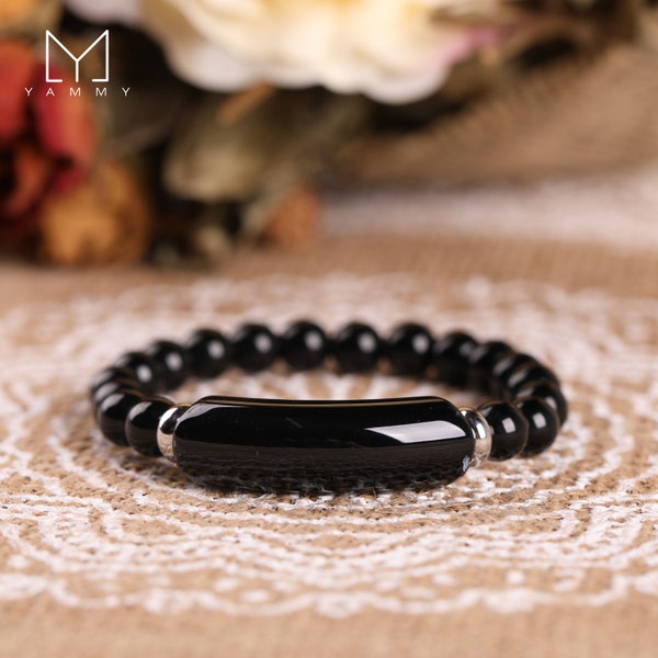 Black Obsidian Stone Strength Calming Healing Bracelet- Round Ball Rose Quartz Gems Beads Bracelets Anxiety Stress Relief Bracelet Gift