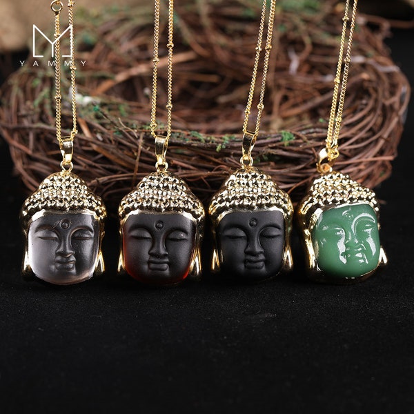 Jade Boeddha ketting, boeddhistische Guanyin hanger ketting / 18K vergulde Chinese stijl Amulet, Maitreya hanger gouden ketting ketting sieraden