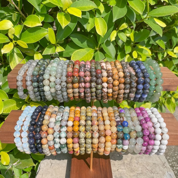 90+Stone 6/8/10mm Natural Gemstone Bead Bracelet,Genuine Gemstone Round Beaded Healing Crystal Bracelet,Handmade Men Women Stretchy Bracelet