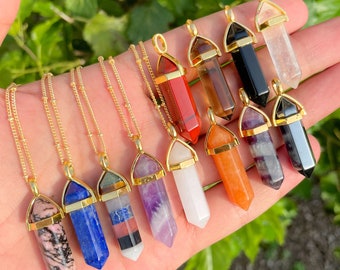 Healing Crystal Pendant.Gold Crystal Point Necklace.Gemstone Pendant.Healing Chakra Stone Point Pendant.Boho Hippie Crystal Point Pendant