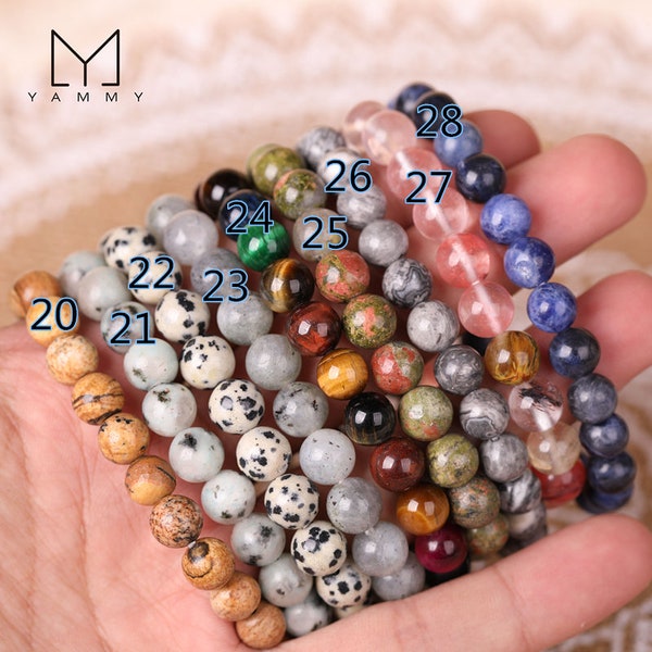 35 Kind Stone Choose 8mm Handmade Natural Genuine Gemstones Stretchy Bracelet (7.5 Inches),Round Beaded Healing Reiki Chakra Yoga Bracelets