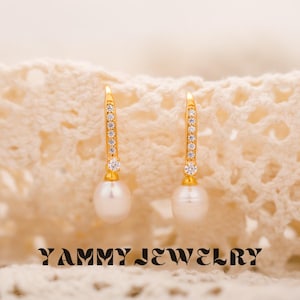 Diamond Pearl Drop Earrings, Freshwater Pearl Earrings, Gold Earrings, Bridal Earrings, Wedding Earrings, Bridesmaid Gift, Gift for Her.