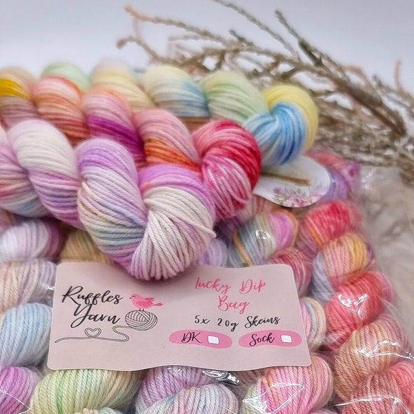 MINI SKEINS, Lucky Dip Bag, SOCK, Hand Dyed Yarn, Scrappy Yarn, Mixed Colours, Sock Yarn, msw/nylon 75/25, 5 x 20g Skeins, mystery yarn