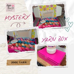 May include: A pink yarn box with the text "YARN BOX" and "MYSTERY". Inside the box are colourful yarn skeins. The image also shows a 200g yarn label and a small jar.