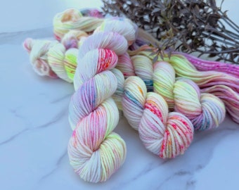 DITSY DOLL - 20g Mini Skeins, Dk and Sock Yarn, Hand Dyed Yarn, Yellow,Pink, Green + with  Speckles +, Crochet and Knitting Yarn, OOAK