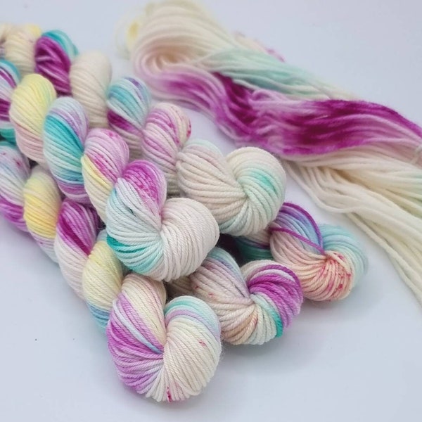 Crocus By Water  - 20g Mini Skeins, DK and Sock Yarn, Hand Dyed, Pink Yellow and Blue, Crochet and Knitting Yarn, OOAK