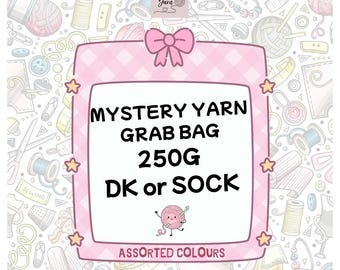 May include: A square sign with a pink gingham border and a pink bow at the top, featuring the text MYSTERY YARN GRAB BAG 250G DK or SOCK and ASSORTED COLOURS, set against a background of various sewing and knitting icons in light pastel colors.
