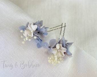Something Blue Flower Hair pins cold porcelain white preserved baby’s breath gypsophila Nierembergia cup wedding style accessories